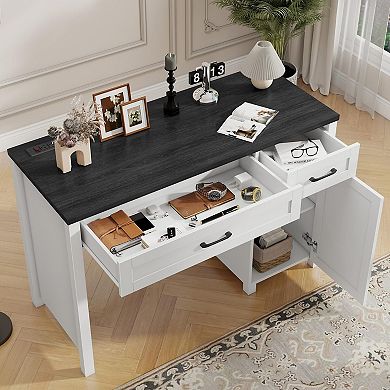 Farmhouse Home Office Executive Desk with Drawers & Charging Station, Wood Workstation/ Study Desk
