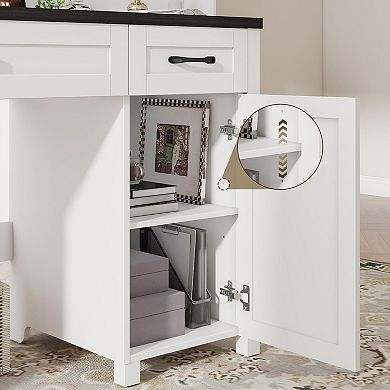 Farmhouse Home Office Executive Desk with Drawers & Charging Station, Wood Workstation/ Study Desk
