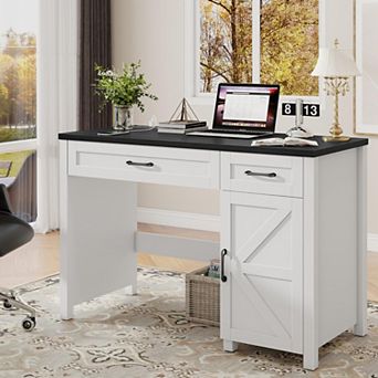 Farmhouse Home Office Executive Desk with Drawers & Charging Station, Wood Workstation/ Study Desk
