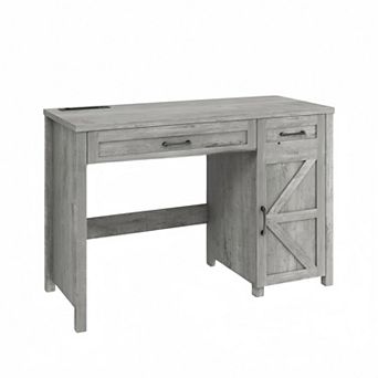 Farmhouse Home Office Executive Desk with Drawers & Charging Station, Wood Workstation/ Study Desk