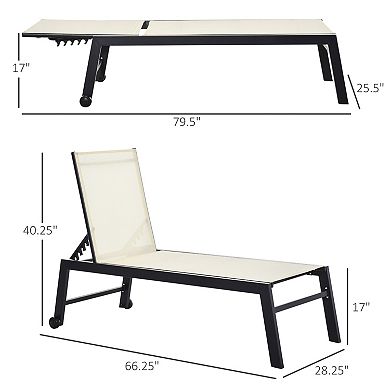 Outdoor Lounge Chair, Patio Lounger With 5-Position Reclining Backrest and 2 Wheels