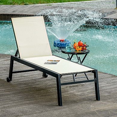 Outdoor Lounge Chair, Patio Lounger With 5-Position Reclining Backrest and 2 Wheels