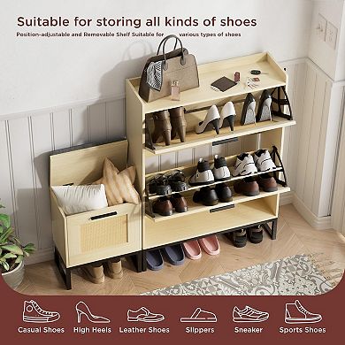 Entryway Shoe Storage Bench with 2 Flip Drawers & Rattan Details,Narrow Organizer with Hanging Hooks