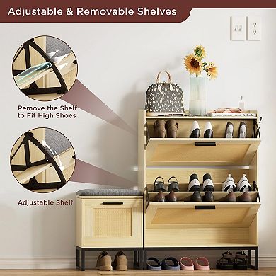 Entryway Shoe Storage Bench with 2 Flip Drawers & Rattan Details,Narrow Organizer with Hanging Hooks