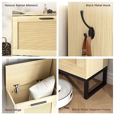 Entryway Shoe Storage Bench with 2 Flip Drawers & Rattan Details,Narrow Organizer with Hanging Hooks