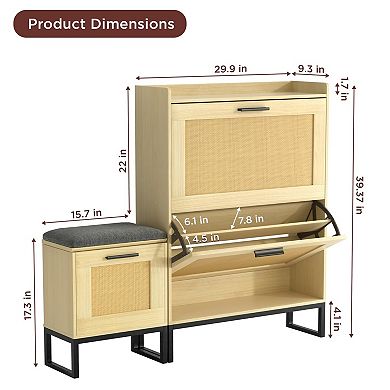 Entryway Shoe Storage Bench with 2 Flip Drawers & Rattan Details,Narrow Organizer with Hanging Hooks