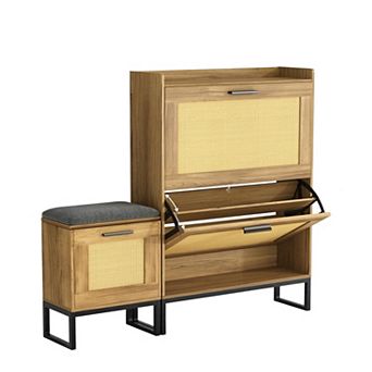 Entryway Shoe Storage Bench with 2 Flip Drawers & Rattan Details,Narrow Organizer with Hanging Hooks