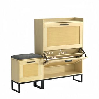 Entryway Shoe Storage Bench with 2 Flip Drawers & Rattan Details,Narrow Organizer with Hanging Hooks