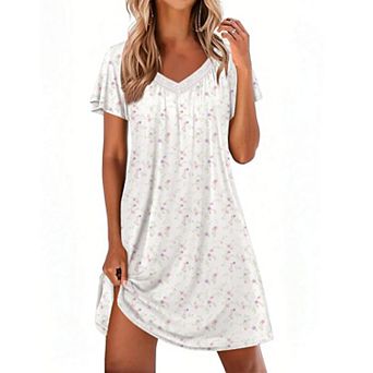 Ekouaer Womens Nightgown Lace Trim V Neck Sleep Shirt Flare Short Sleeve Night Gown Pleated