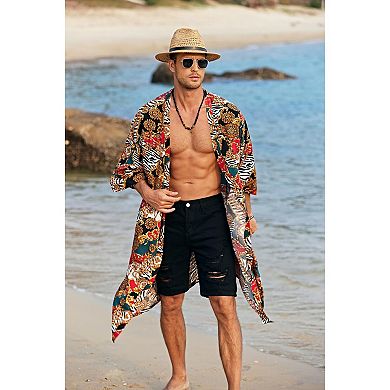 COOFANDY Mens Kimono Robe Lightweight Open Front Long Cardigan Japanese Silk Bathrobe Casual Robes