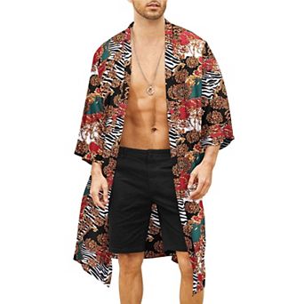COOFANDY Mens Kimono Robe Lightweight Open Front Long Cardigan Japanese Silk Bathrobe Casual Robes