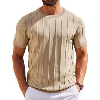 COOFANDY T Shirts for Men Summer Crew Neck Ribbed Sweater Shirts Slim Fit Short Sleeve Dressy