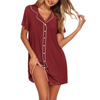 Ekouaer Notch Collar Night Dress for Women Button Down Sleepshirt Short Sleeve Nightgown Soft