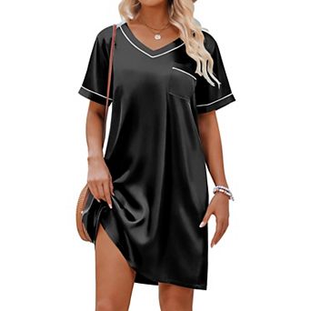 Ekouaer Satin Nightgowns for Women Shirt Silky Loose Sleepwear V Neck Nightshirt Short Sleeve Pajama