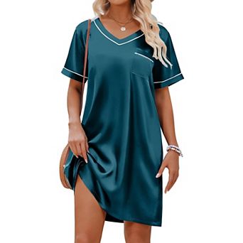 Ekouaer Satin Nightgowns for Women Shirt Silky Loose Sleepwear V Neck Nightshirt Short Sleeve Pajama