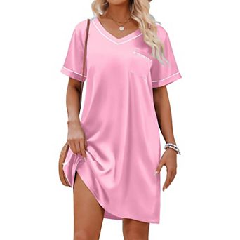 Ekouaer Satin Nightgowns for Women Shirt Silky Loose Sleepwear V Neck Nightshirt Short Sleeve Pajama