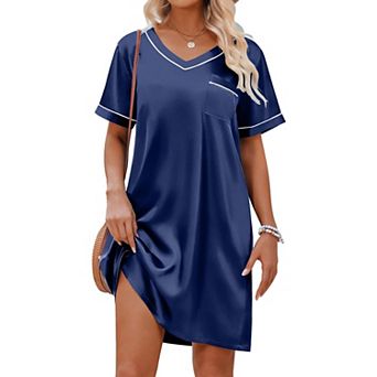 Ekouaer Satin Nightgowns for Women Shirt Silky Loose Sleepwear V Neck Nightshirt Short Sleeve Pajama