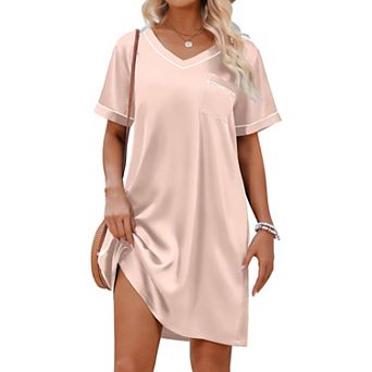 Ekouaer Satin Nightgowns for Women Shirt Silky Loose Sleepwear V Neck Nightshirt Short Sleeve Pajama