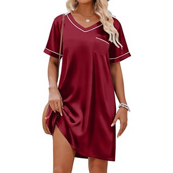 Ekouaer Satin Nightgowns for Women Shirt Silky Loose Sleepwear V Neck Nightshirt Short Sleeve Pajama