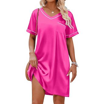 Ekouaer Satin Nightgowns for Women Shirt Silky Loose Sleepwear V Neck Nightshirt Short Sleeve Pajama