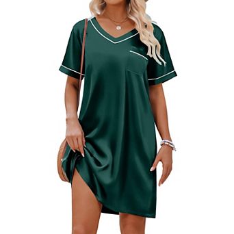 Ekouaer Satin Nightgowns for Women Shirt Silky Loose Sleepwear V Neck Nightshirt Short Sleeve Pajama