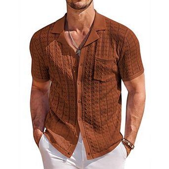 COOFANDY Men Summer Beach Shirts Short Sleeve Knit Button Down Polo Shirts Fashion Casual Vacation