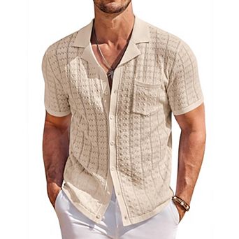 COOFANDY Men Summer Beach Shirts Short Sleeve Knit Button Down Polo Shirts Fashion Casual Vacation