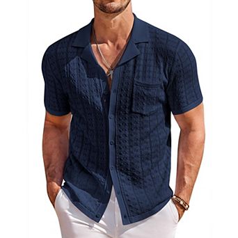 COOFANDY Men Summer Beach Shirts Short Sleeve Knit Button Down Polo Shirts Fashion Casual Vacation