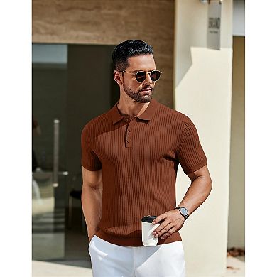 COOFANDY Men' Short Sleeve Sweater Shirts Stretch Knit Shirt Vintage Button Down Polo