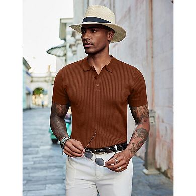 COOFANDY Men' Short Sleeve Sweater Shirts Stretch Knit Shirt Vintage Button Down Polo
