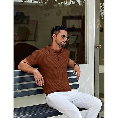 COOFANDY Men' Short Sleeve Sweater Shirts Stretch Knit Shirt Vintage Button Down Polo
