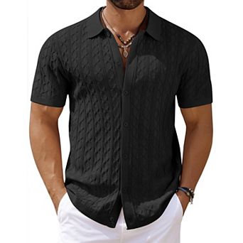 COOFANDY Men' Casual Cable Knit Shirts Button Up Shirts Short Sleeve Shirt Crochet Polo Resort
