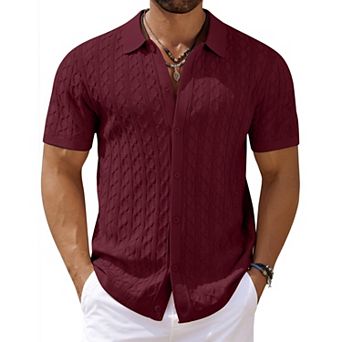COOFANDY Men' Casual Cable Knit Shirts Button Up Shirts Short Sleeve Shirt Crochet Polo Resort