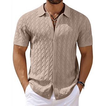 COOFANDY Men' Casual Cable Knit Shirts Button Up Shirts Short Sleeve Shirt Crochet Polo Resort