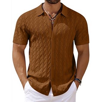 COOFANDY Men' Casual Cable Knit Shirts Button Up Shirts Short Sleeve Shirt Crochet Polo Resort