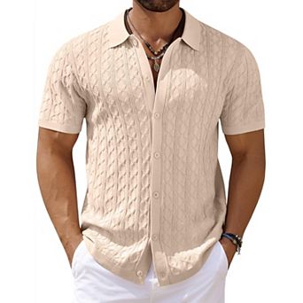 COOFANDY Men' Casual Cable Knit Shirts Button Up Shirts Short Sleeve Shirt Crochet Polo Resort