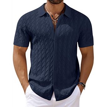 COOFANDY Men' Casual Cable Knit Shirts Button Up Shirts Short Sleeve Shirt Crochet Polo Resort