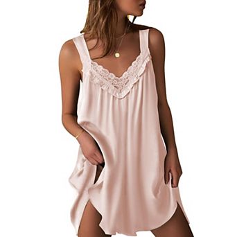 Ekouaer Women's Satin Silk Nightgown V Neck Nightdress Tank Sleeveless Sleepshirt Lace Sleep