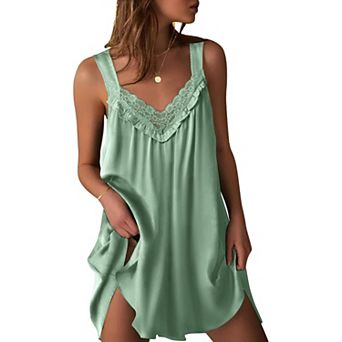 Ekouaer Women's Satin Silk Nightgown V Neck Nightdress Tank Sleeveless Sleepshirt Lace Sleep