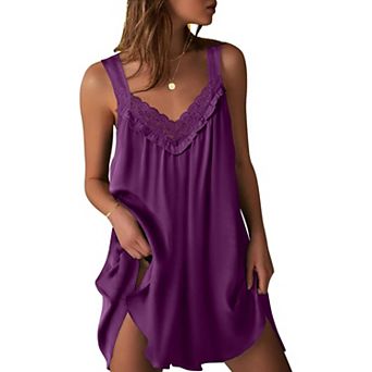 Ekouaer Women's Satin Silk Nightgown V Neck Nightdress Tank Sleeveless Sleepshirt Lace Sleep