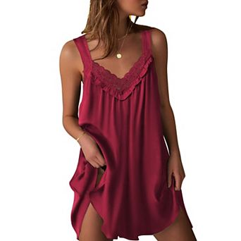 Ekouaer Women's Satin Silk Nightgown V Neck Nightdress Tank Sleeveless Sleepshirt Lace Sleep