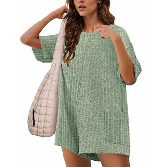 Ekouaer Rompers for Women Casual Ribbed Short Sleeve T-Shirt Tee Romper Summer Outfits with Pockets