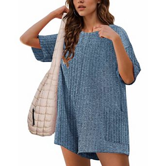 Ekouaer Rompers for Women Casual Ribbed Short Sleeve T-Shirt Tee Romper Summer Outfits with Pockets