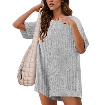 Ekouaer Rompers for Women Casual Ribbed Short Sleeve T-Shirt Tee Romper Summer Outfits with Pockets