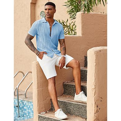 COOFANDY Men's Summer Button Down Shirt Short Sleeve Knitted Crochet Beach Shirt