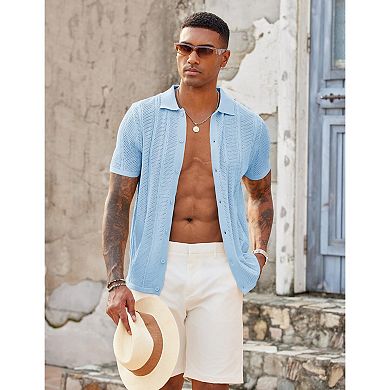 COOFANDY Men's Summer Button Down Shirt Short Sleeve Knitted Crochet Beach Shirt