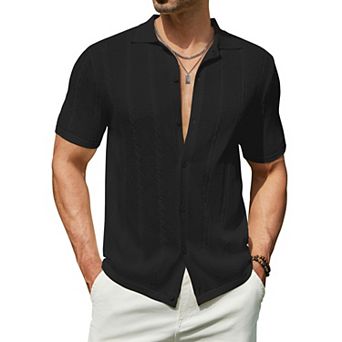 COOFANDY Men's Summer Button Down Shirt Short Sleeve Knitted Crochet Beach Shirt