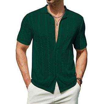 COOFANDY Men's Summer Button Down Shirt Short Sleeve Knitted Crochet Beach Shirt