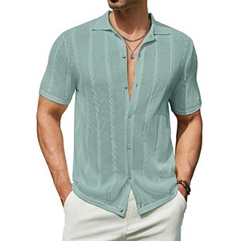 COOFANDY Men's Summer Button Down Shirt Short Sleeve Knitted Crochet Beach Shirt