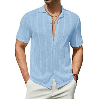 COOFANDY Men's Summer Button Down Shirt Short Sleeve Knitted Crochet Beach Shirt